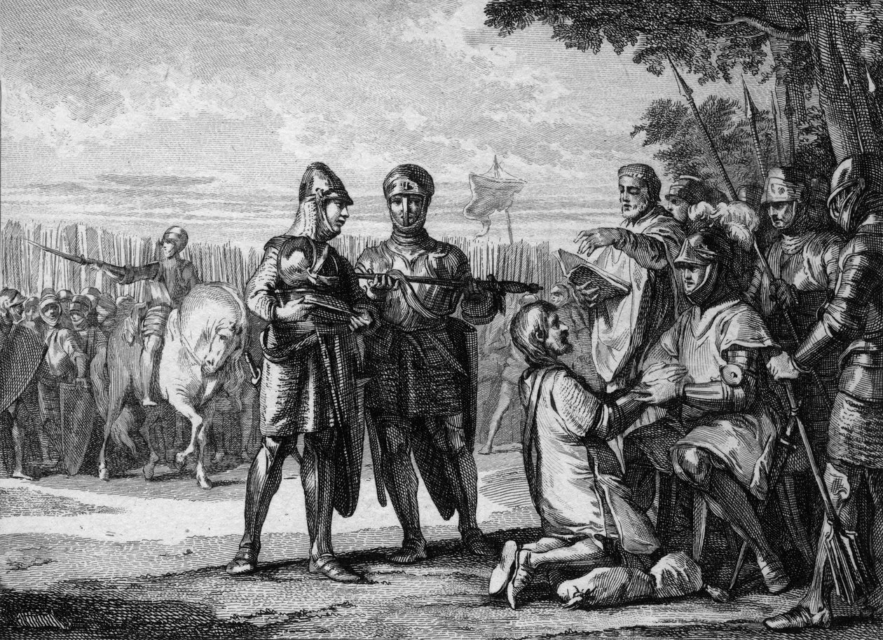 テルトリーの戦い、687年：ネウストリア軍の勝者、アウストラシアの王子ペピン・ザ・ジューンまたはヘルスタル（653-714年頃）がネウストリアの王ティエリー3世（657-691年）の権威を認める。Jean Michel Moreau, dit Moreau le Jeune (1741- 181) による版画。 作： ジャン＝ミッシェル・ザ・ヤング・モロー