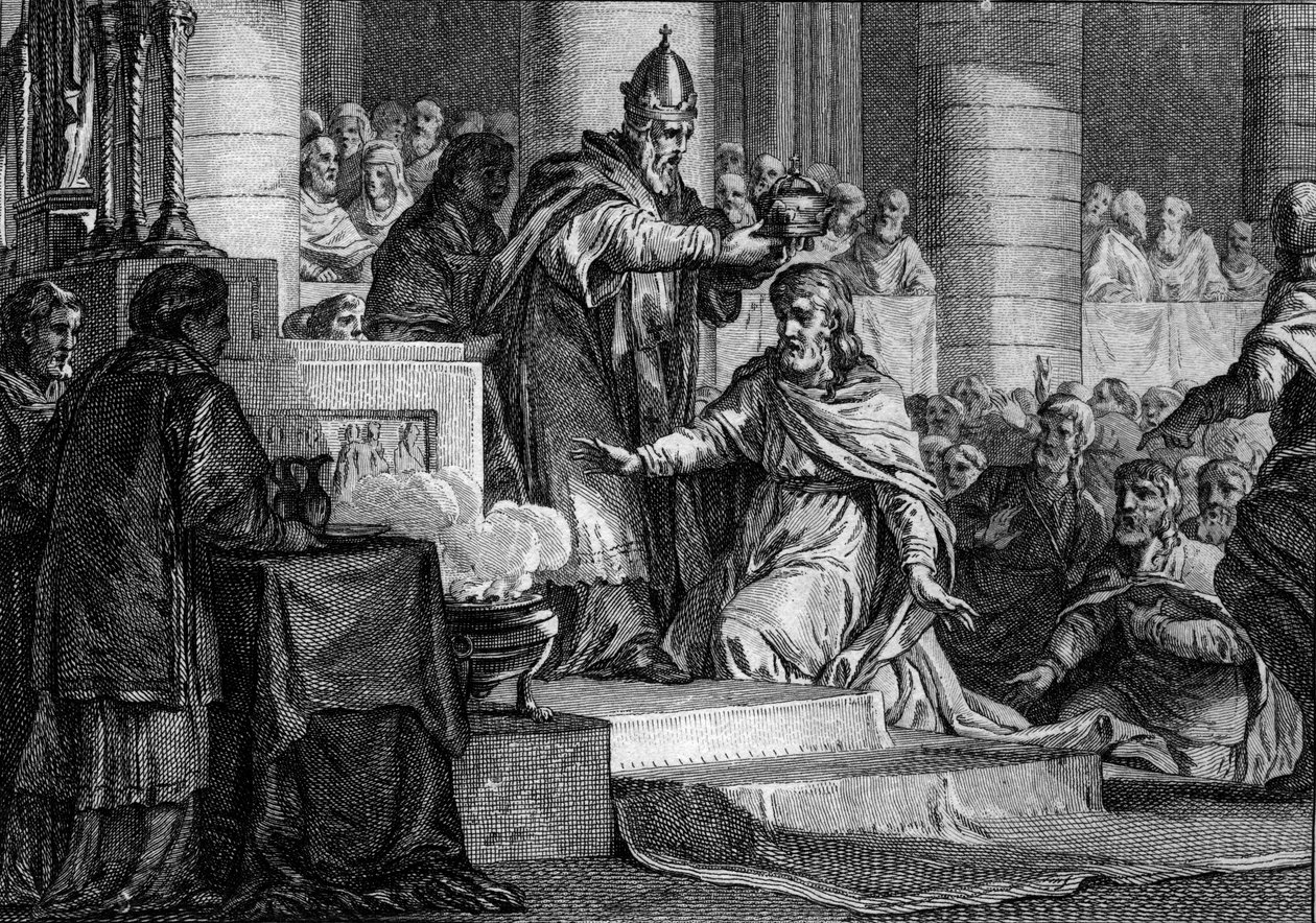 シャルルマーニュの戴冠式（800年12月25日）：フランク王国の王（747-814）は、ローマのサン・ピエトロ教会で教皇レオン3世（750-816）から西方の皇帝として奉献された。ジャン・ミッシェル・モロー（Moreau le Jeune）（1741-1814）によるエングレーヴィング 作： ジャン＝ミッシェル・ザ・ヤング・モロー