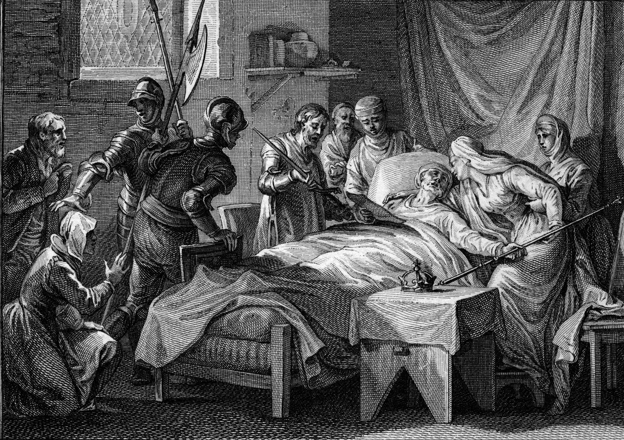 シャルル2世（823年〜877年）の死と継承、877年：王は帝冠、金の笏、サン・ピエトロの剣、そして息子のルイ・ザ・ベグを継承することを指定した遺言書を皇后に手渡した。Jによる刻印 作： ジャン＝ミッシェル・ザ・ヤング・モロー