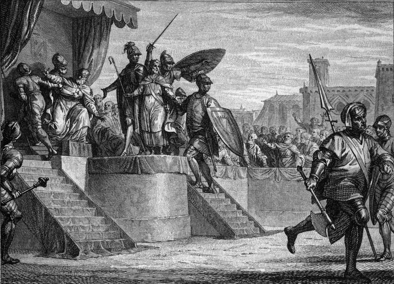 メロヴィング朝の終焉、751年： チルデリック3世（約714-754）がペピン・ザ・ブリーフ（714-768）に引き渡される。ジャン・ミッシェル・モロー（モロー・ル・ジュン）（1741-1814）によるエングレーヴィング 作： ジャン＝ミッシェル・ザ・ヤング・モロー