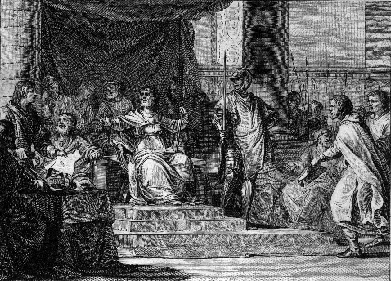 Imaginäre Darstellung der Herrschaft der merowingischen „faulen Könige“: Chlodwig III. (682-695), Childebert III. (683-711) und Dagobert III. (ca. 697-715) schlafen und sitzen hinter dem Bürgermeister des Palastes, Pippin der Jüngere oder Herstal (ca. 653- von Jean Michel the Younger Moreau