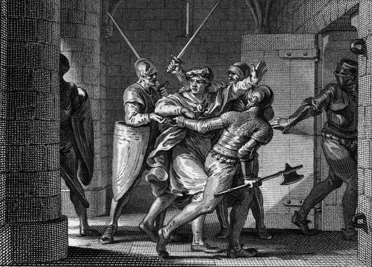 923年、単純王シャルル3世（879-929）の投獄。元フランク王国の王は、ヴァーマンドワのヘルベルトのもとに身を寄せると考えていたが、ヘルベルトに裏切られ、牢獄に送られた。ジャン・ミッシェル・モロー（モロー・ル・ジュン）（1741-1814）のエングレーヴィング 作： ジャン＝ミッシェル・ザ・ヤング・モロー