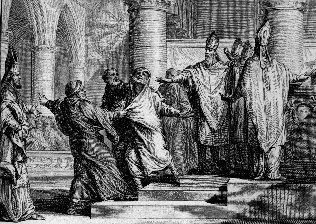 敬虔なルイ1世（778-840）の懺悔と降伏、833年：告白後、王はランスのアルシュヴェックによって皇帝の装飾品を剥ぎ取られ、その後懺悔者の袋で覆われる。ジャン・ミッシェル・モロー（モロー・ル・ジュー）によるエングレーヴィング 作： ジャン＝ミッシェル・ザ・ヤング・モロー