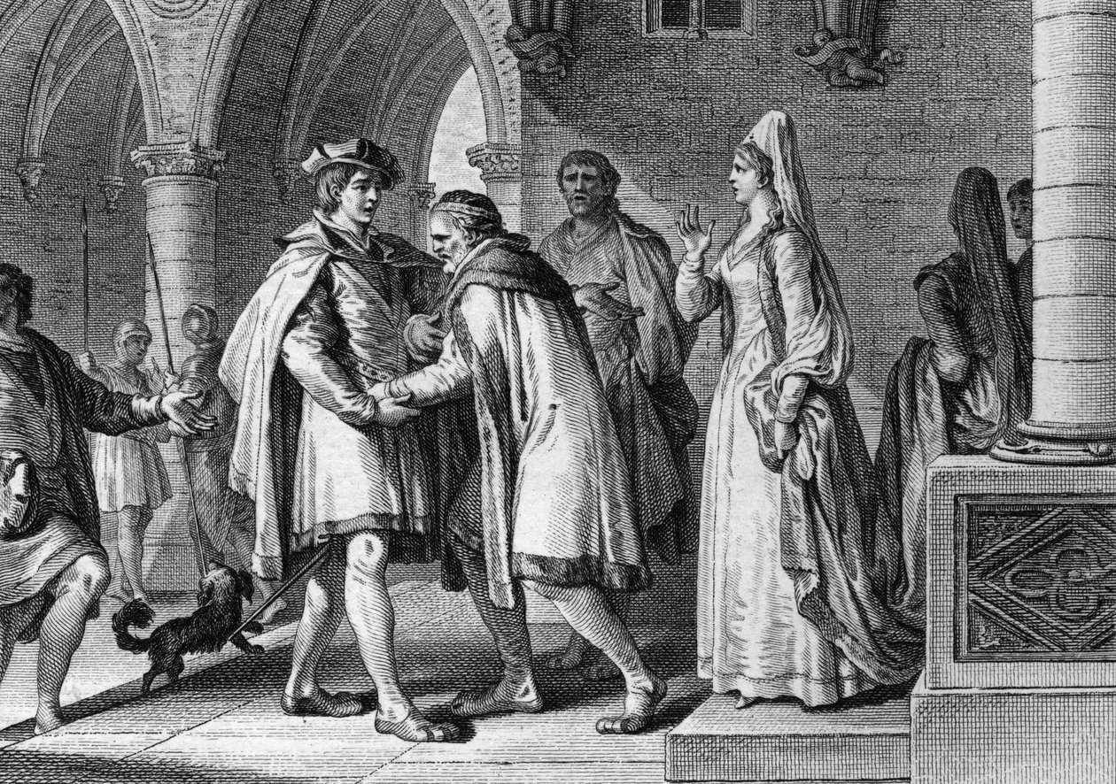 Philipp I. (1052-1108), König der Franken, besucht den Hof des Grafen von Anjou, Foulques le Rechin (1042-1109). Diese Reise dient als Vorwand, um seine Ehe mit Bertrade de Montfort (ca. 1070-1118), der Frau des Grafen, zu arrangieren. 1095. Gravur von Jea von Jean Michel the Younger Moreau