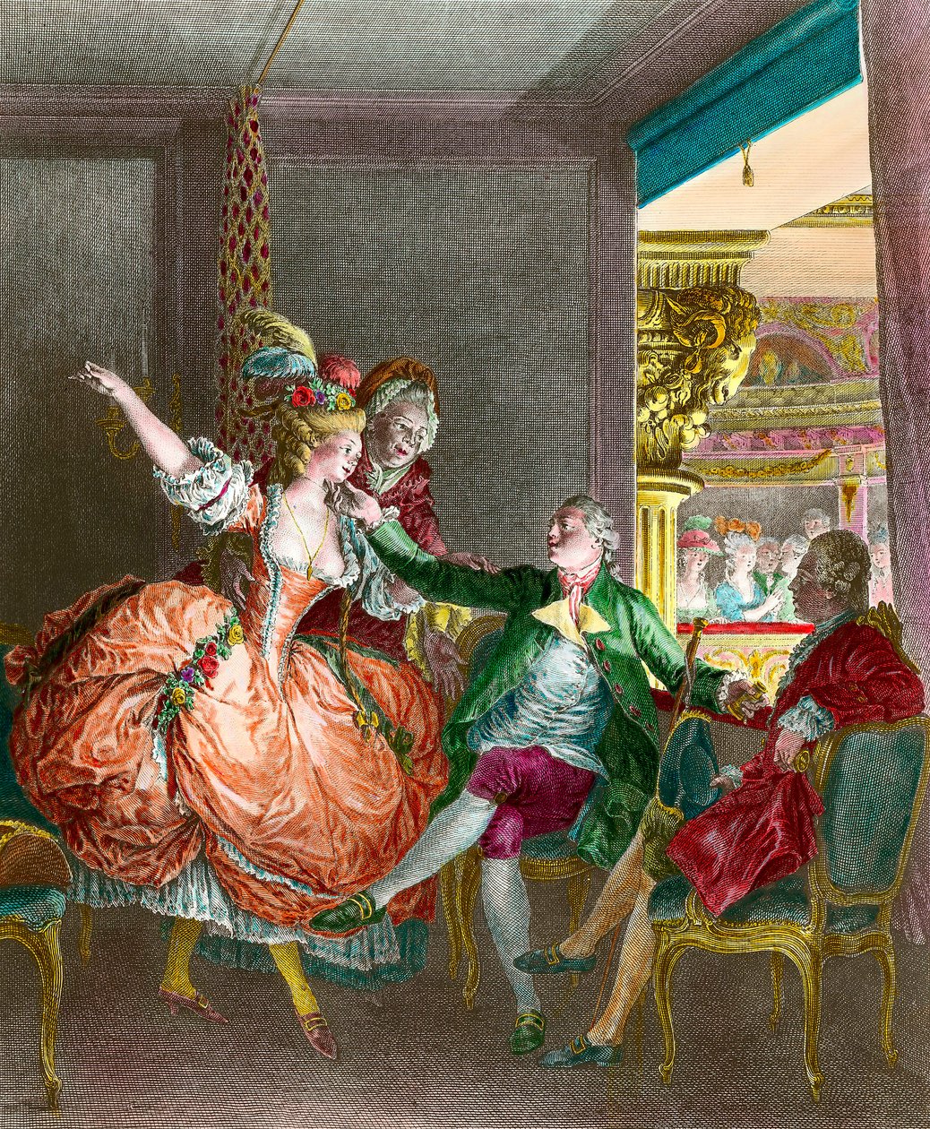 売春の話"The presentation at the theatre" 若い女性が仲人を通して紳士に紹介される。モロー・ル・ジュンヌ（1741-1814）のエングレーヴィング。19世紀個人蔵 作： ジャン＝ミッシェル・ザ・ヤング・モロー