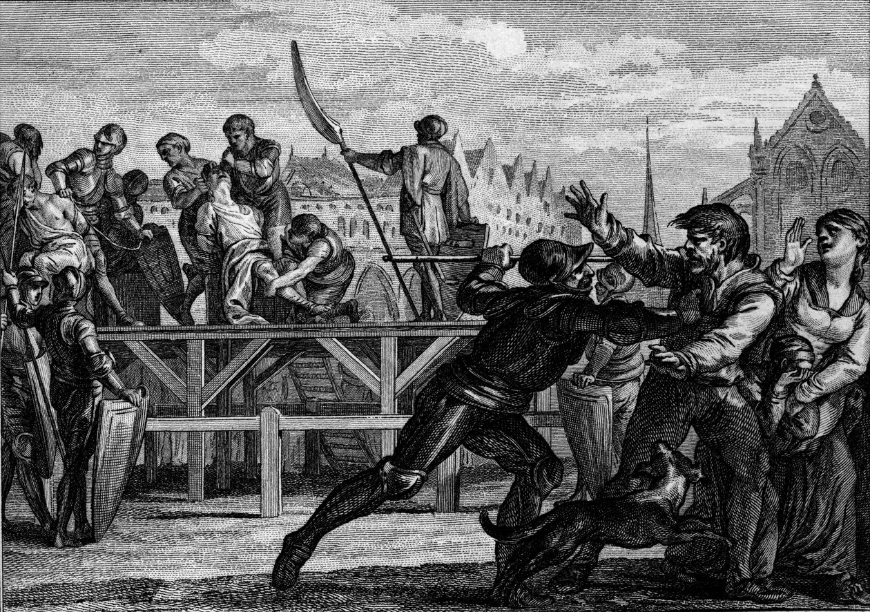 イタリア王ベルナール（797年頃-818年）の処罰（818年）：敬虔なルイ1世またはデボネールに反旗を翻したために死罪となる。ジャン・ミシェル・モロー（モロー・ル・ジュンヌ）（1741-1814）によるエングレーヴィング 作： ジャン＝ミッシェル・ザ・ヤング・モロー