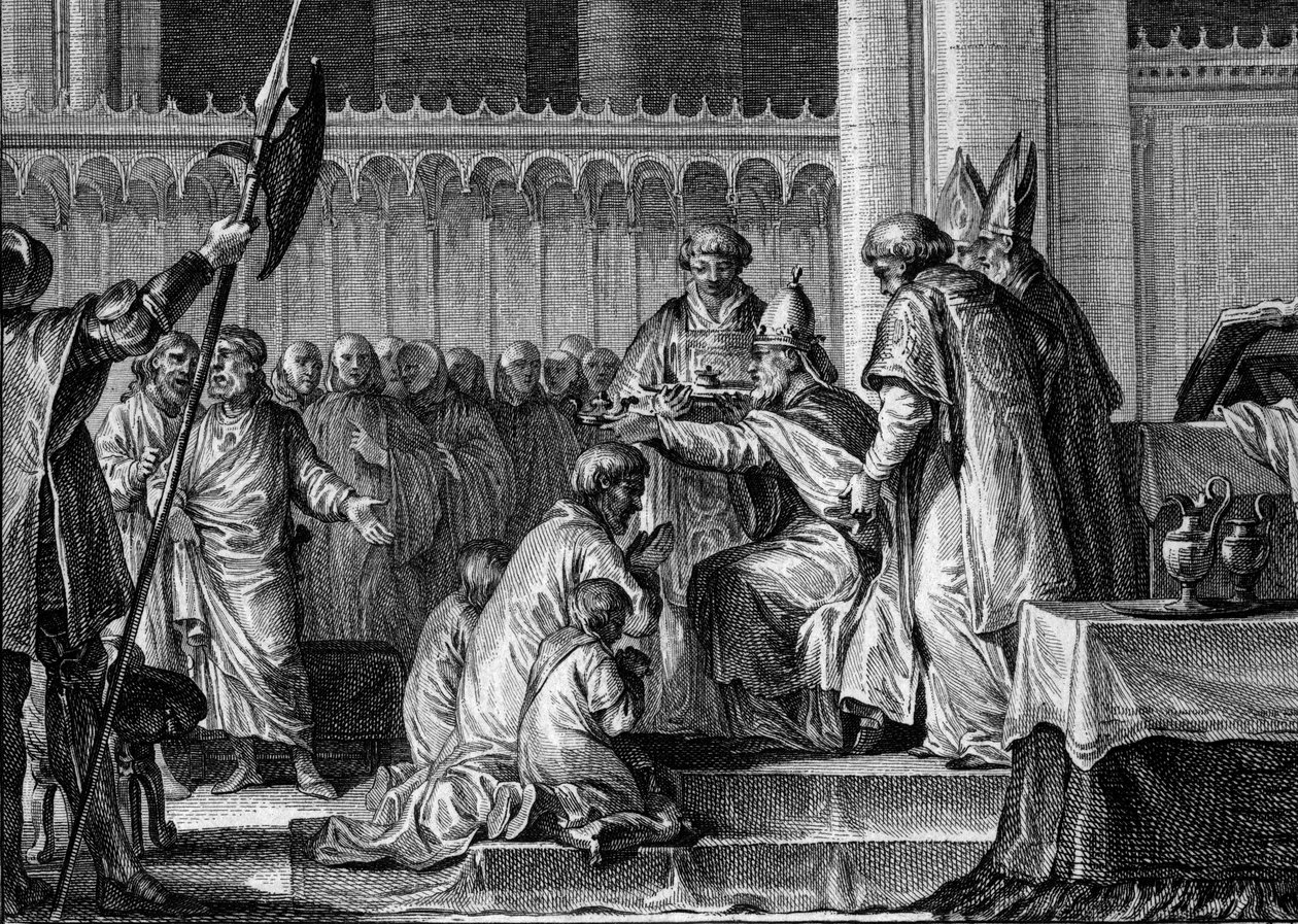 Sacred Pepin the Brief (714-768), Basilica of Saint Denis, 28 July 754: 教皇ステファン2世は彼をフランク族の王、ローマ人のパトリス・ロマネスク（Patricius Romanorum）として奉献した。傍らには2人の息子、カルロマンとシャルル（後のシャルルマーニュ）がいる。エングレーヴィング 作： ジャン＝ミッシェル・ザ・ヤング・モロー