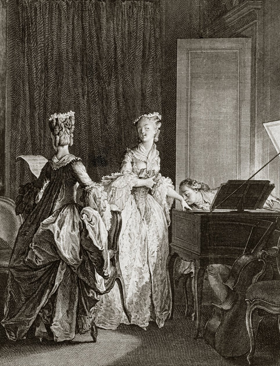 スイスの哲学者Jean Jacques (Jean-Jacques) Rousseau (1712-1778)の「Julie ou la nouvelle Heloise」のチェンバロに向かうサン・プレウとクレール-Moreau le jeune, Jean Michel (1741-1814)のエングレーヴィング（サン・プレウ、チェンバロに落ち着く、kisse 作： ジャン＝ミッシェル・ザ・ヤング・モロー