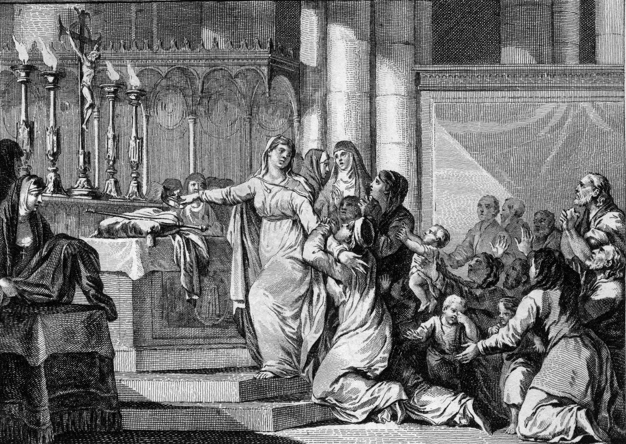 Sainte Bathilde (626-680), Königin der Franken und Witwe von Clovis II, entschied sich 665, den Schleier im Kloster Chelles zu nehmen. Ihre Untertanen versuchen, sie aufzuhalten. (Gravur von Jean Michel Moreau, genannt Moreau le Jeune) von Jean Michel the Younger Moreau