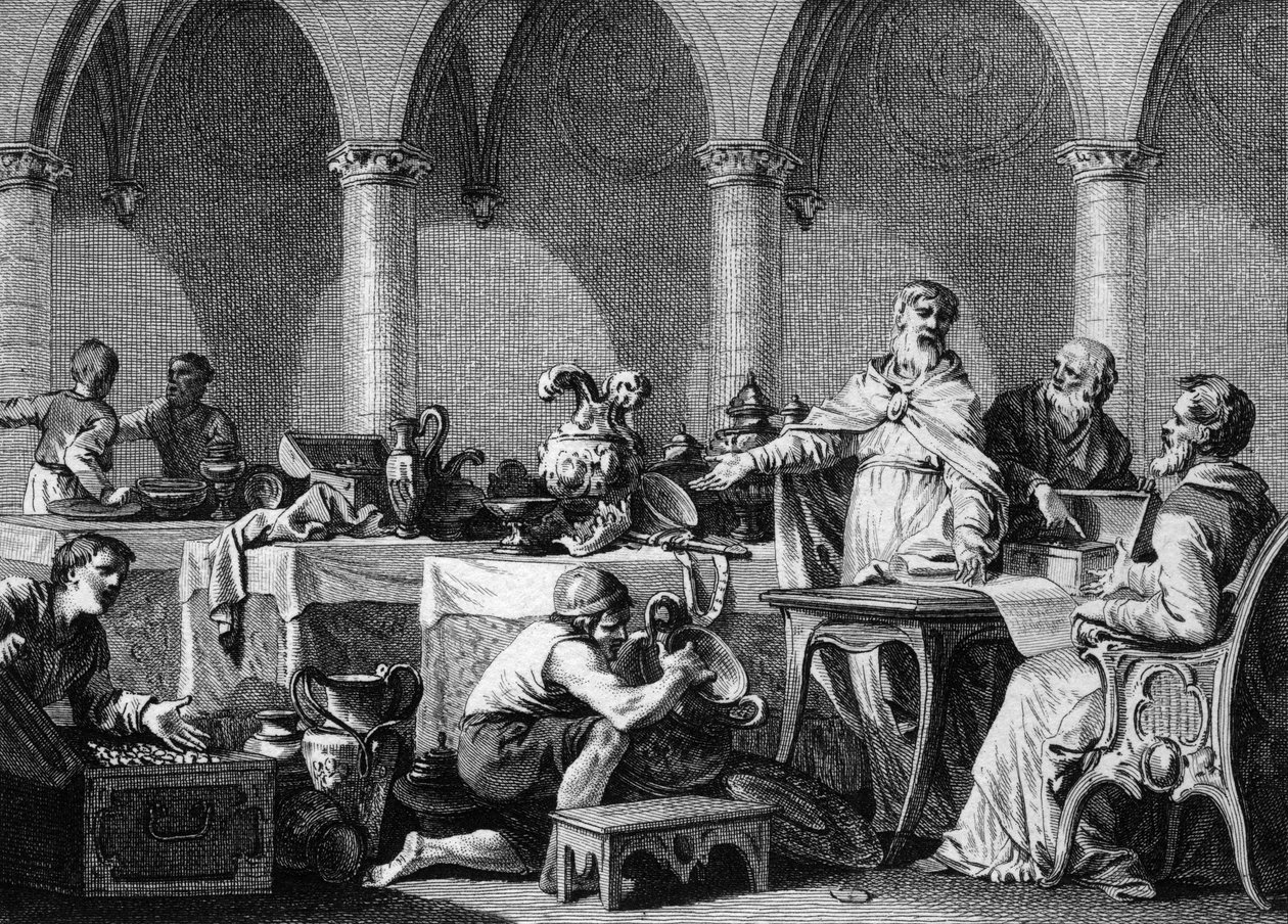 フランスっ子の王、ダゴベール1世（602/605-638）の死後、ランデンとエガのペピン宮殿の2人の市長の管理下に置かれたトレゾールの共有。ジャン・ミッシェル・モロー（モロー・ル・ジュン）（1741-1814）によるエングレーヴィング 作： ジャン＝ミッシェル・ザ・ヤング・モロー