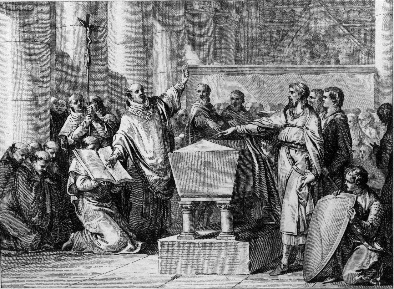 ペピン・ド・ランデンに代表されるフランク王国へのガスコン人の服従、635年。ジャン・ミッシェル・モロー（モロー・ル・ジュン）（1741-1814）によるエングレーヴィング 作： ジャン＝ミッシェル・ザ・ヤング・モロー
