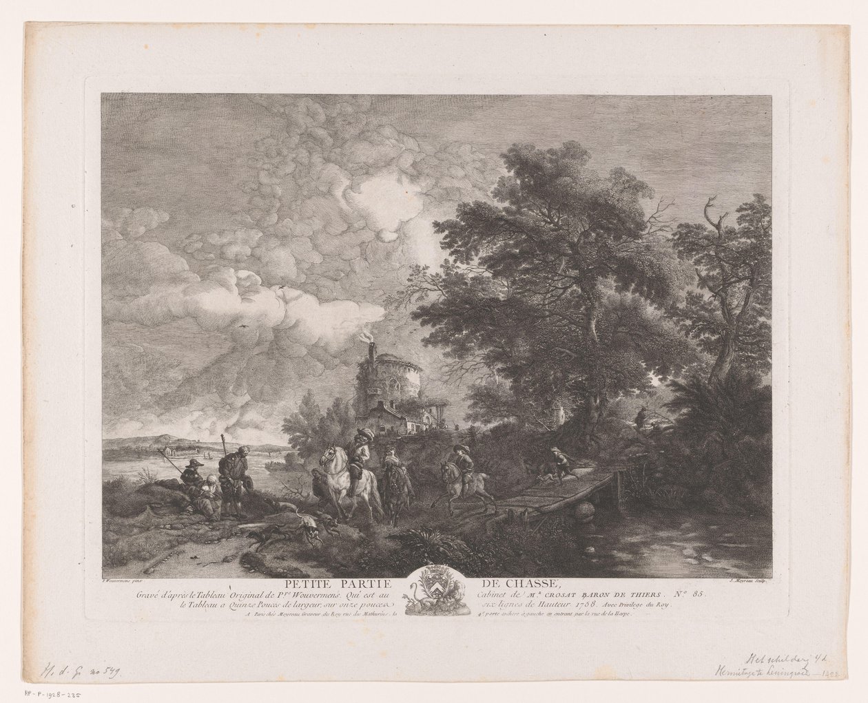 橋のある風景の中の狩猟会社 Petite Partie de Chasse (オブジェクトのタイトル) Philips Wouwermanによる絵画の後の版画（シリーズタイトル） Works of Ph.pe Wouwermans Hollandois (シリーズタイトル) 作： ジャン・モイロー