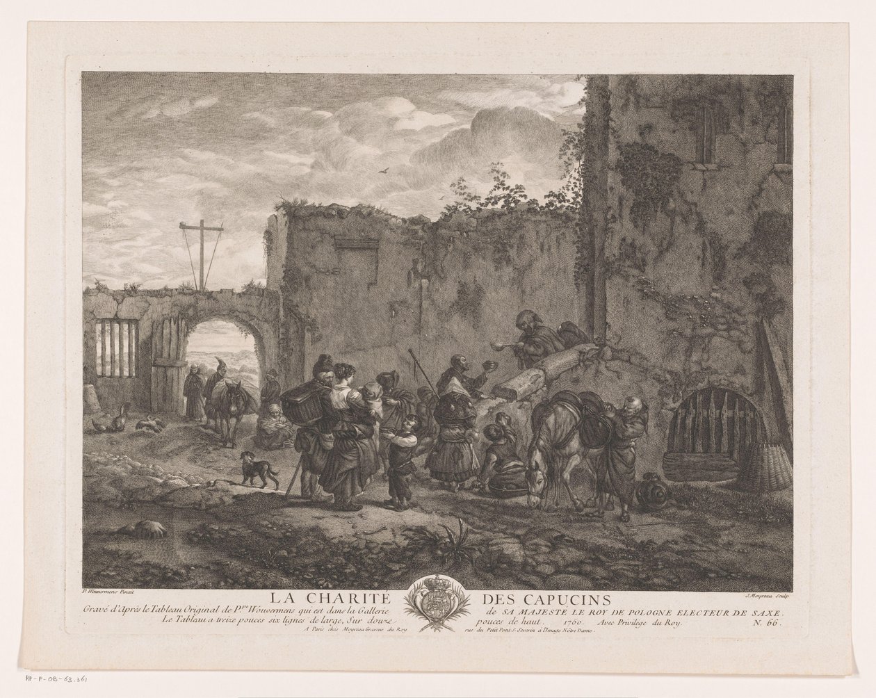 僧侶が中庭で巡礼者に食事を配る La Charité des Capucins (オブジェクトのタイトル) Philips Wouwermanによる絵画の後の版画（シリーズタイトル） Works of Ph.pe Wouwermans Hollandois (シリーズタイトル) 作： ジャン・モイロー
