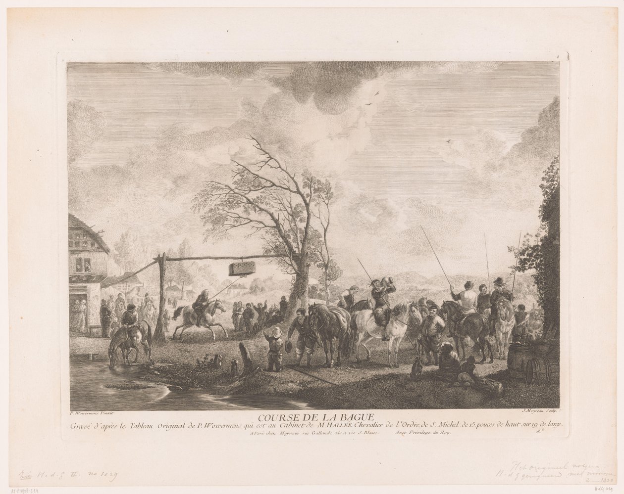 村の宿屋のリングサイン クール・ド・ラ・バゲ (オブジェクトのタイトル) Philips Wouwermanによる絵画の後の版画（シリーズタイトル） Works of Ph.pe Wouwermans Hollandois (シリーズタイトル) 作： ジャン・モイロー