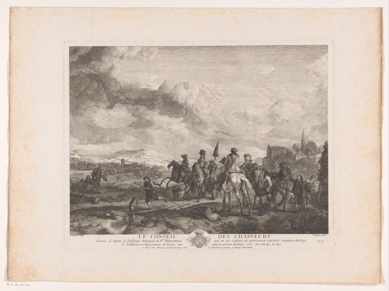 風景の中で狩猟パーティーを休む Le Conseil des Chasseurs (オブジェクトのタイトル) Philips Wouwermanによる絵画の後の版画（シリーズタイトル） Works of Ph.pe Wouwermans Hollandois (シリーズタイトル) 作： ジャン・モイロー