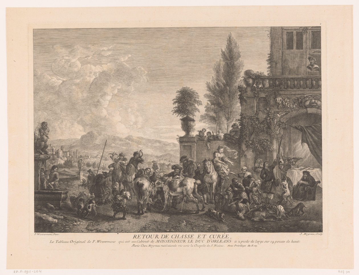帰還狩り隊 Return de chasse et curée (オブジェクトのタイトル) Philips Wouwermanによる絵画の後の版画（シリーズタイトル） Works of Ph.pe Wouwermans Hollandois (シリーズタイトル) 作： ジャン・モイロー
