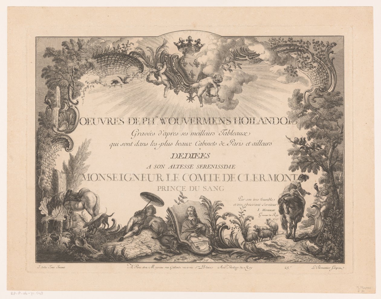 Philips Wouwerman のポートレートと、人物や動物が風景の中に描かれたタイトル プリント Philips Wouwermanによる絵画の後の版画（シリーズタイトル） Oeuvres de Ph.pe Wouwermans Hollandois (オブジェクトのシリーズ タイトル) 作： ジャン・モイロー