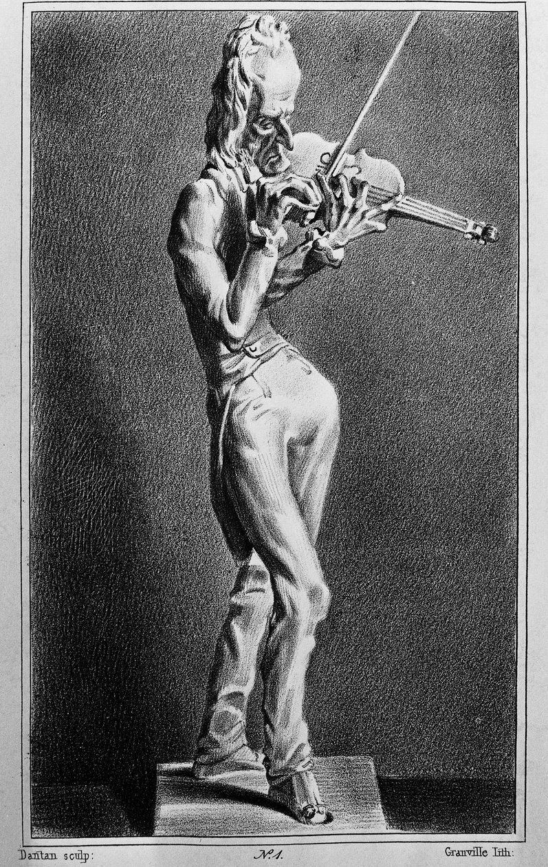 Niccolo Paganini (1782-1840), イタリアのヴァイオリニスト、作曲家。若き日のジャン・ピエール・ダンタンの彫刻の後に描かれた風刺画。 作： ジャンピエール（後）ダンタン