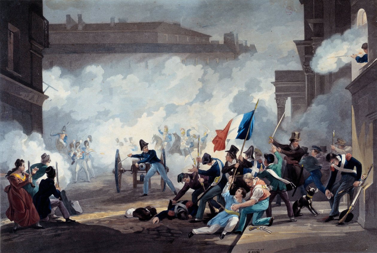1830年の革命。エコール・ポリテクニークの学生が、パレ・ロワイヤルを占拠した際に大砲を奪った（7月28日 作： ジャン・ピエール・マリー・ジャゼ