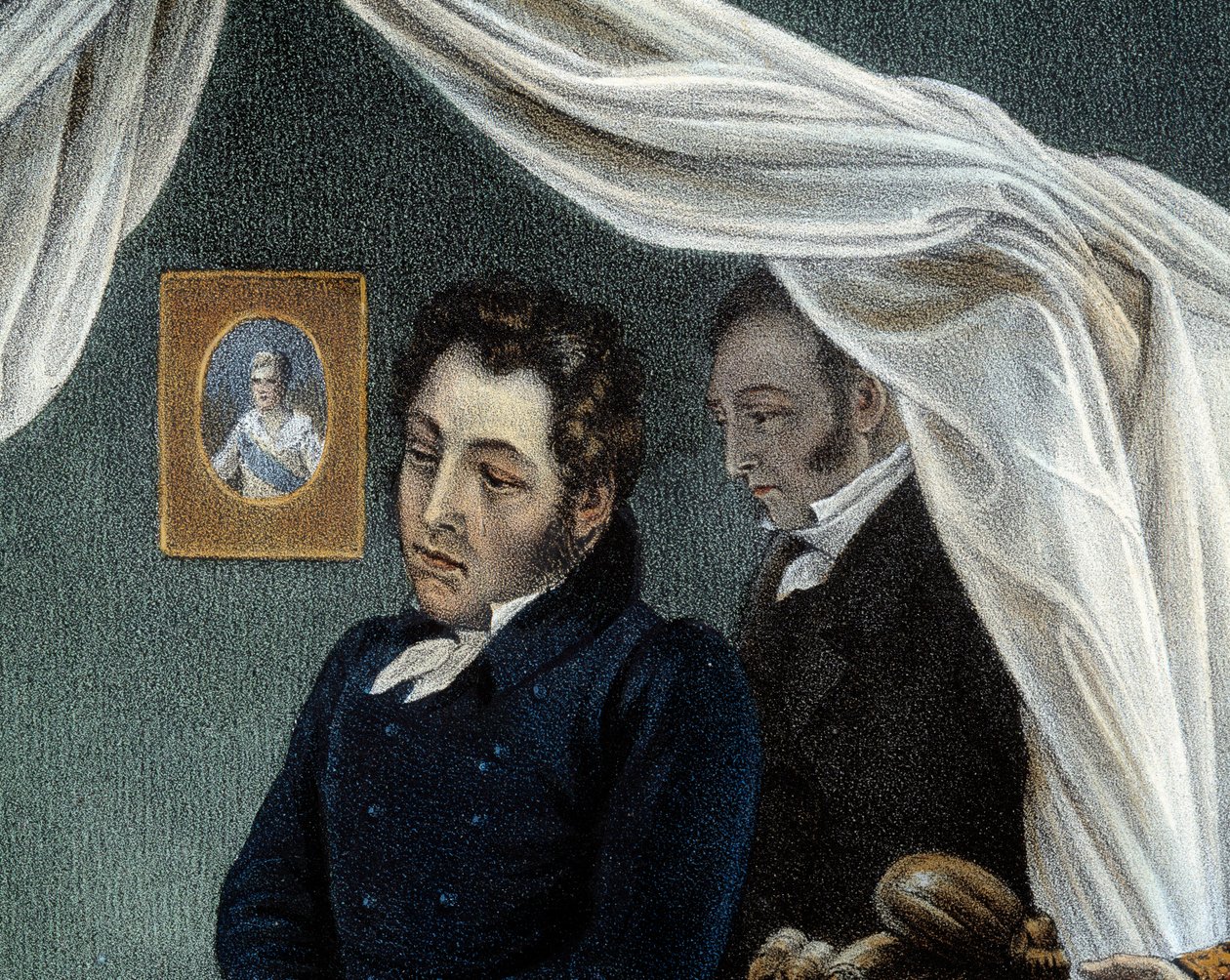 ナポレオンの死、1821年5月5日、サント・ヘレネにて ルイ・エチエンヌ・サン・ドニ（1788-1856）のディテール。シャルル・オーギュスト・スチューベン（1788-1856）の絵をもとに、ジャン・ピエール・マリー・ジャゼ（1788-1871）がリトグラフを制作。 作： ジャン・ピエール・マリー・ジャゼ