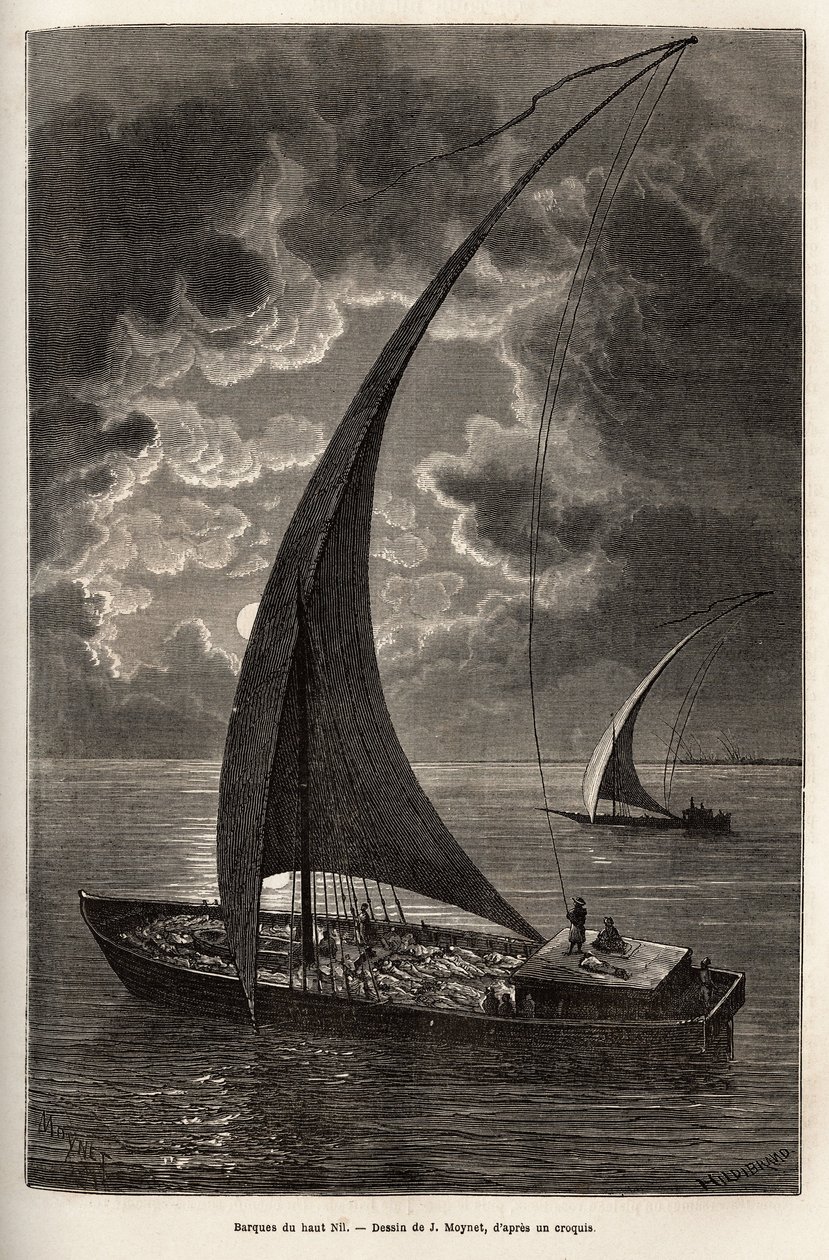 Les barques du haut Nile, reduced crew and passengers sleeping on deck, in moonlight, J.Moynet