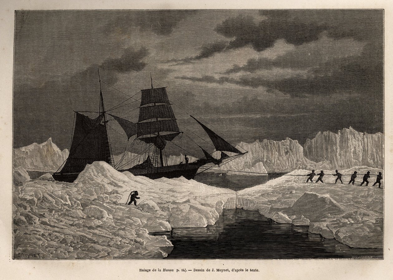 ドイツ船ラ・ハンザ号が氷の壁を越えて航行可能な水域に入るために乗組員が行った運搬作業。J.Moynetの図面に基づいて彫られたもので、1869年から1870年にかけてヘゲマン船長が行ったラ・ゲルマニア号とラ・ハンザ号の北極点への航海を描いたものである。 作： ジャン・ピエール・モネ