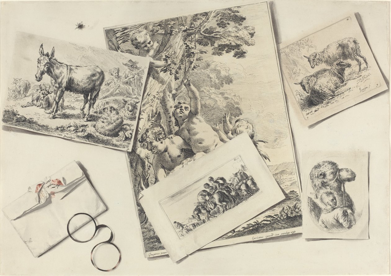 だまし絵: 古い版画、角縁メガネの破れた封筒、イエバエ 作： 様々な芸術家の後のジャン・ピエール・ザビエル・ビダルド