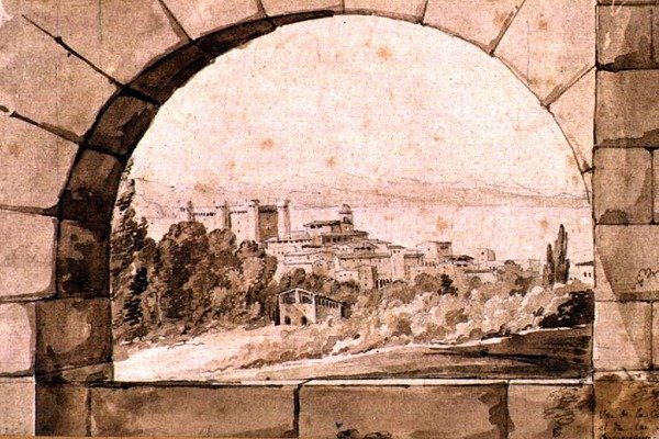 ブラッチャーノの町と湖の眺め、1810年頃（紙にペン、セピアインク、セピアウォッシュ） 作： ジャン・トーマス・ティボー