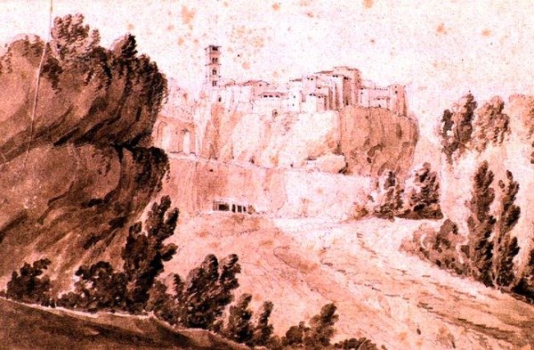 ブラッチャーノの町の眺め、1810年頃（紙にペン、セピアインク、ウォッシュ 作： ジャン・トーマス・ティボー