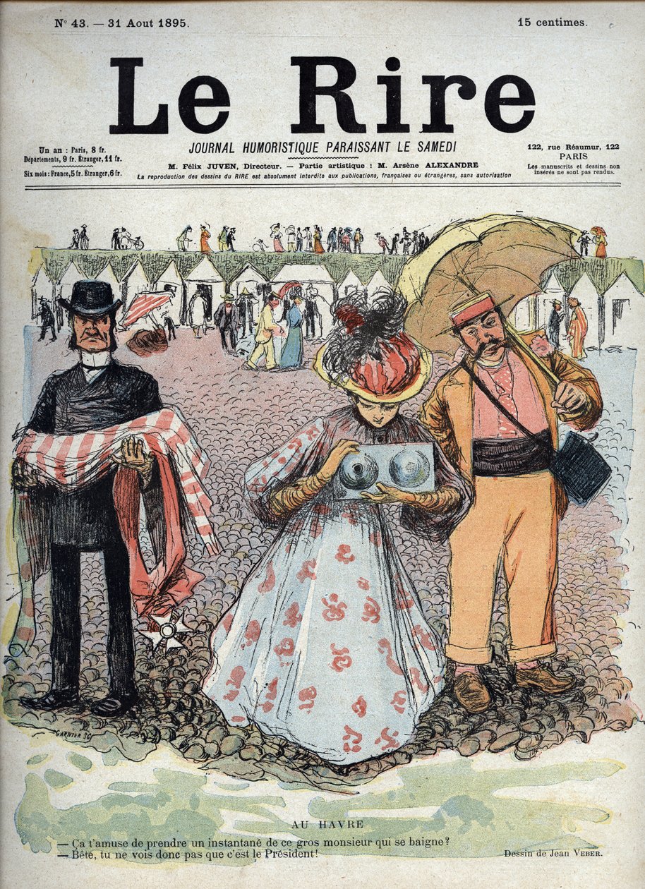 In Le Havre - Am Strand von Le Havre richtet eine Frau ihre Kamera auf das Meer. Ein Mann neben ihr, mit einem Sonnenschirm in der Hand, fragt sie, ob sie wirklich ein Bild von dem dicken Mann machen will, der ein Seebad nimmt. Die Frau antwortet, dass er  von Jean Veber