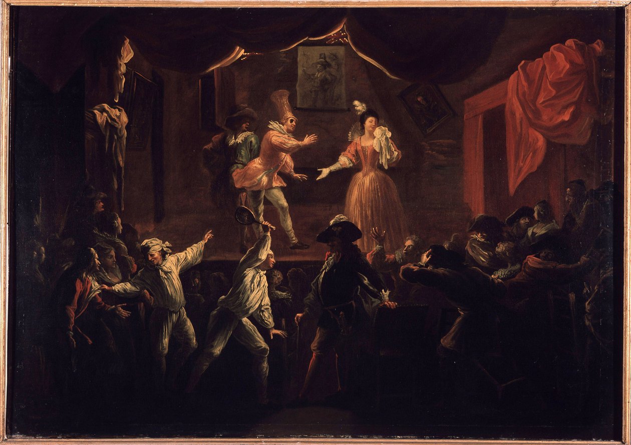 Bedauerliche Erfolge dieses Stücks. Einer der Palmspieler, dessen Kleidung gestohlen wurde, gibt La Rapiniere einen großen Schläger. Gemälde, das „Der komische Roman“ von Paul Scarron (1610-1660) illustriert. Öl auf Leinwand von Jean-Baptiste (Jean Baptist von Jean de Coulom