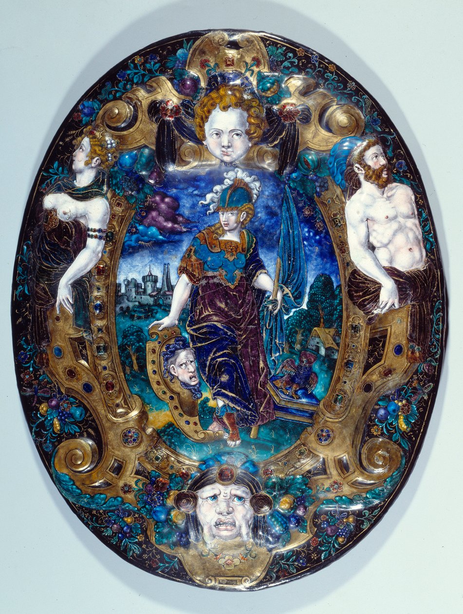 ジャン・コート・ディ・ヴィジェ（16世紀）（リモージュのエナマイユール画家）が制作した、風景を背景にミネルヴを描いたエナメル彩のトレイ パリ、ルーヴル美術館 作： ジャン・ド・コート