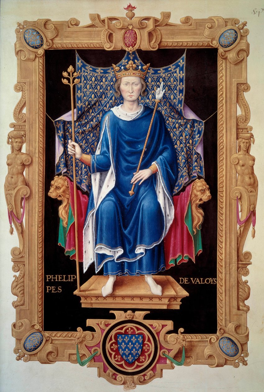 ヴァロワ国王フィリップ 6 世 (1293-1350) の足元の肖像画 ジャン デュ ティレ (1484-1520) による「「フランス王の記録」」からのミニチュア 16 世紀のパリ、B.N. 作： ジャン・デュ・ティレット