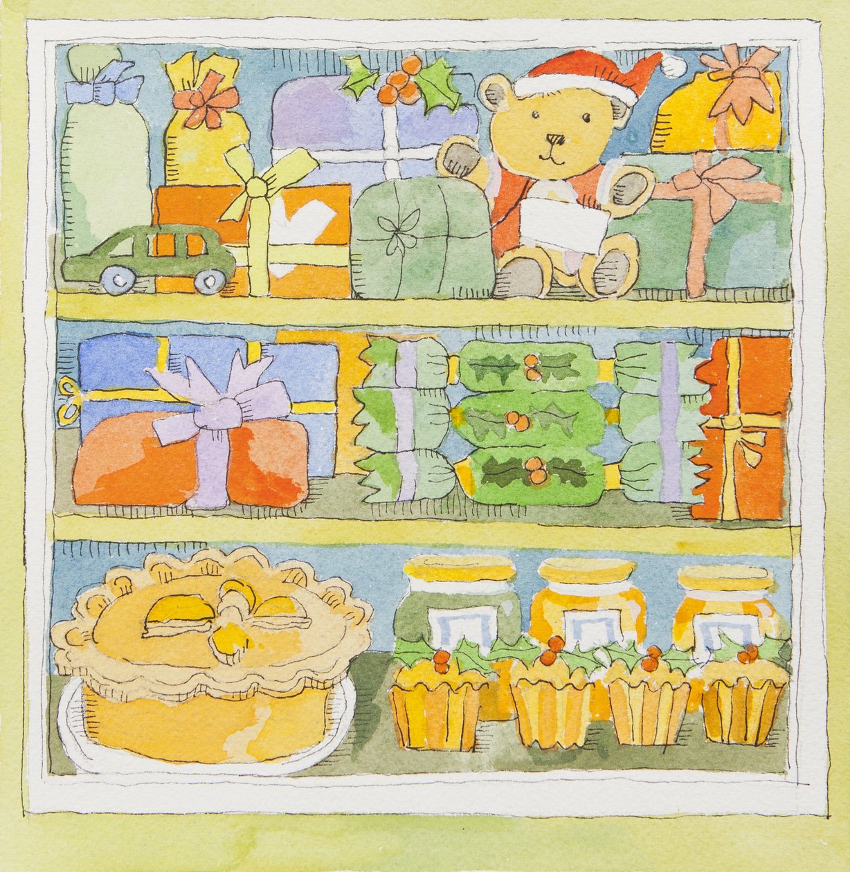 クリスマスの食器棚の中（水彩） 作： ジェニファー・アボット