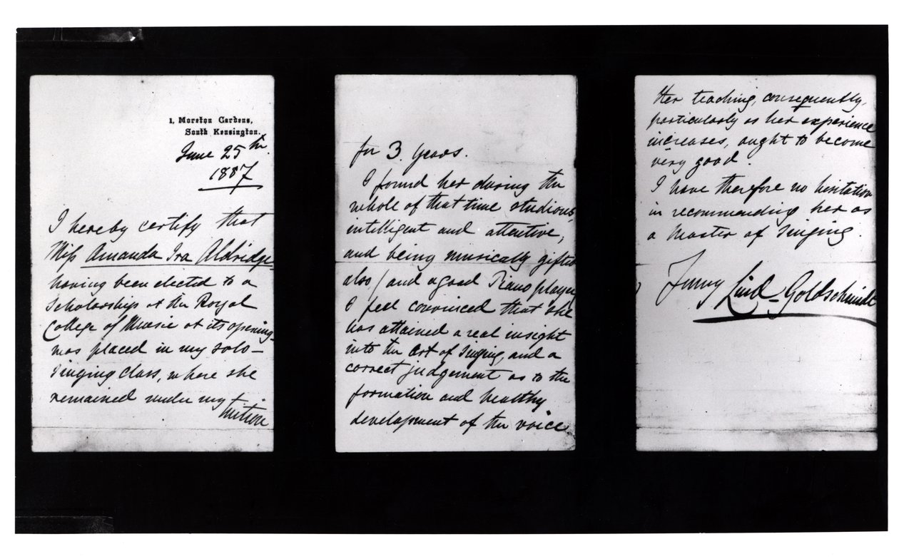 署名入り手紙、1887年（紙にペンとインク）（白黒写真） 作： ジェニー・リンド