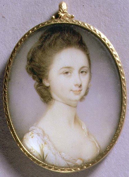白いドレスを着た女性のポートレート・ミニチュア、1780-85年頃（アイボリーに水彩画） 作： ジェレマイア・マイヤー