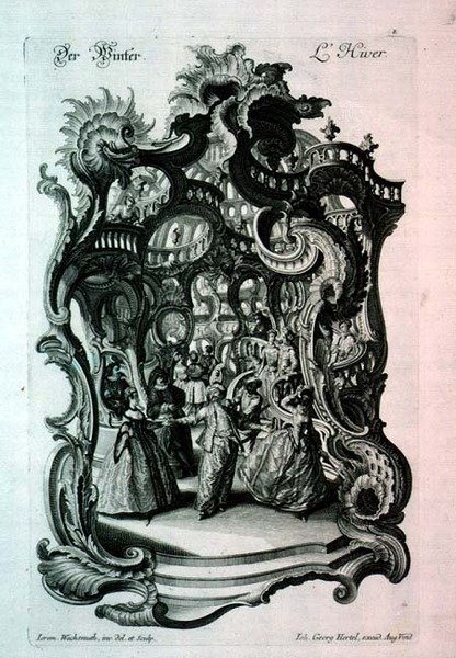 冬、仮装舞踏会を描いたロココ調の楽譜、Johann Georg Hertelのパブ。 作： エレミヤの覚醒