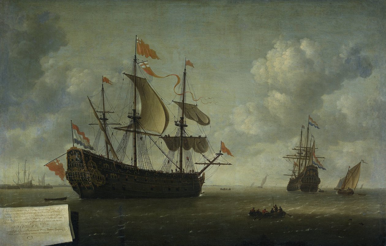 ロイヤル チャールズの到着 1667 年 6 月、メドウェイでのオランダの襲撃中に捕らえられた、Hellevoetsluis へのイギリスの旗艦「ロイヤル チャールズ」の到着 作： ジェロニムス・ファン・ディースト（II）