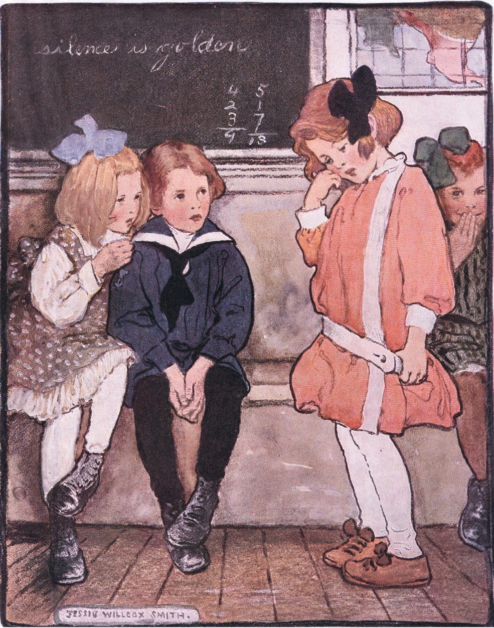 彼女はプラットホームから降りてきたが、それでも勇敢に涙をこらえている (color litho) 作： ジェシー・ウィルコックス・スミス