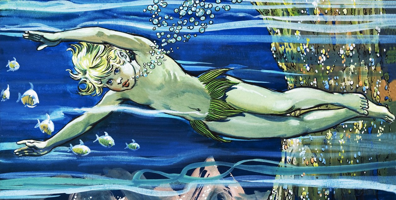 チャールズ・キングズレー作「ウォーター・ベイビーズ」より "Boy Swimming"（グワッシュ、紙） 作： ヘスス・ブラスコ