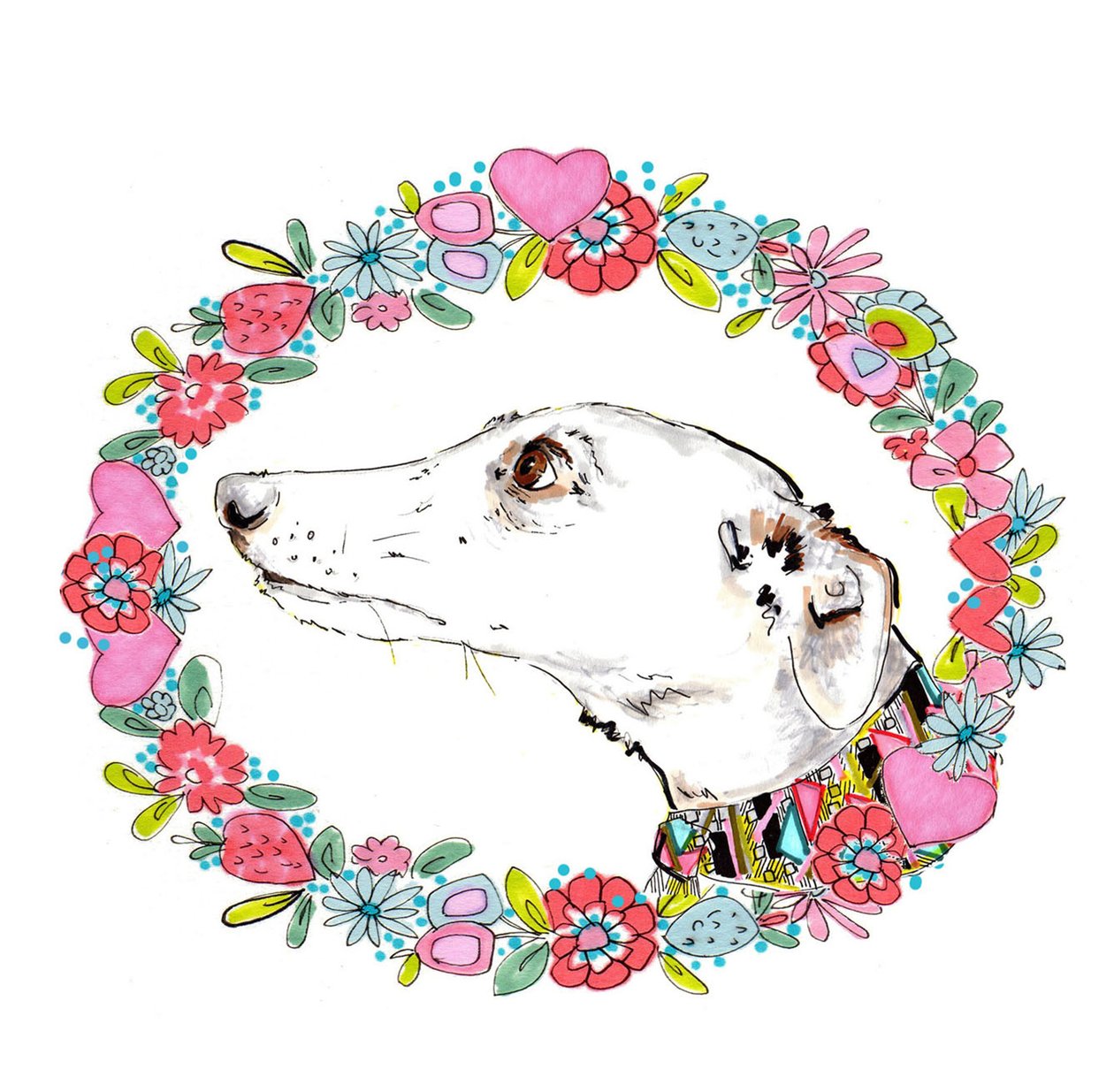 Silvertips Greyhound With Floral Border、2012（ペンとインク、デジタル） 作： ジョー・チェンバース