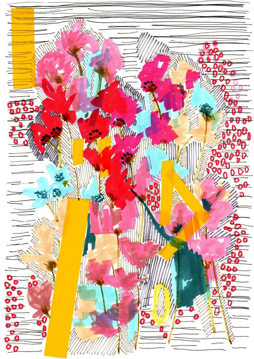 花の落書き3、2013（ペン、インク、コラージュ、紙） 作： ジョー・チェンバース