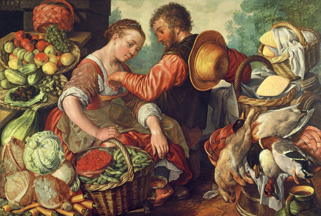 野菜を売る女、1567年 作： ヨアヒム・ブーケラール