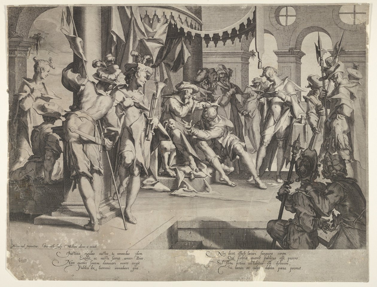 バイアスを流す裁判官、Thronus Justitiæ のプレート IX、1605 年 作： Joachim Anthonisz Wtewael