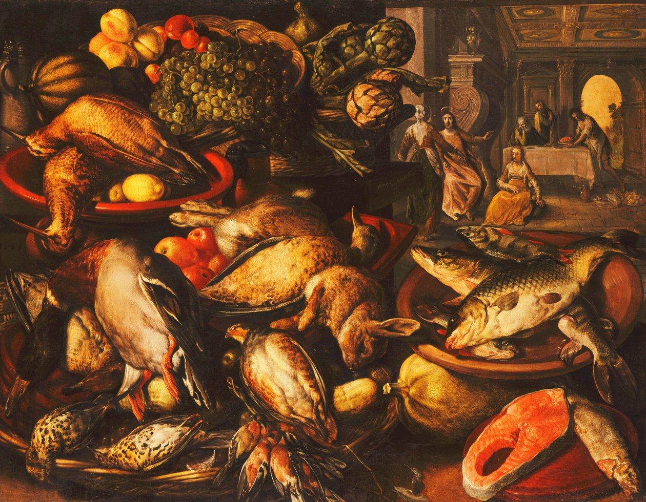 ラーダーのバスケットとボウルに入ったゲーム、魚、果物、野菜、1569 作： ヨアヒム・ブーケラール