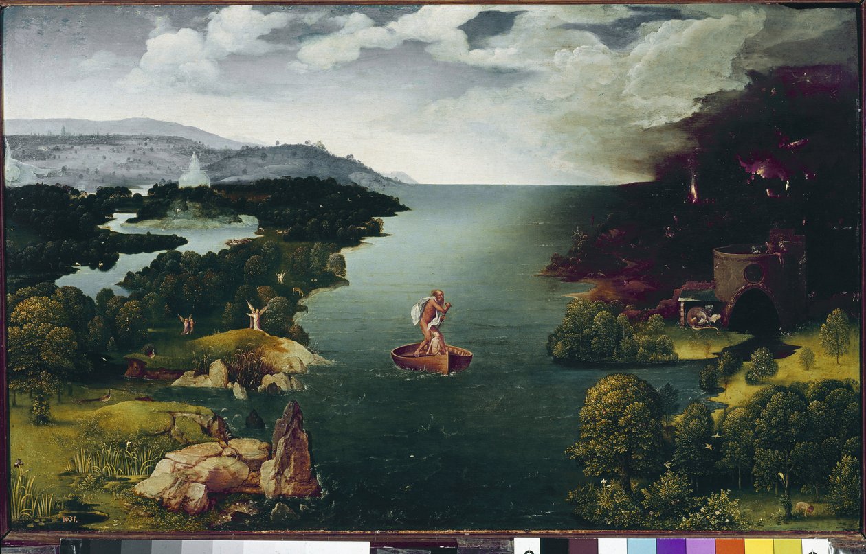 三途の川を渡るカロンのいる風景。(木に油彩、1515-1524年頃) 作： ヨアヒム・パティニル
