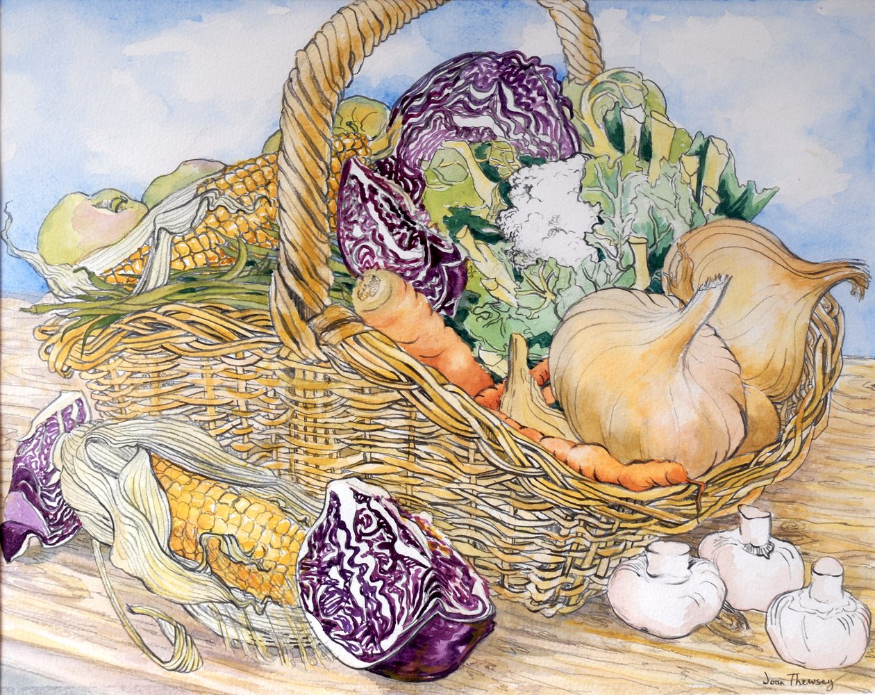 バスケットに入った野菜、2012年（手作りの紙に鉛筆と水の色） 作： Joan Thewsey