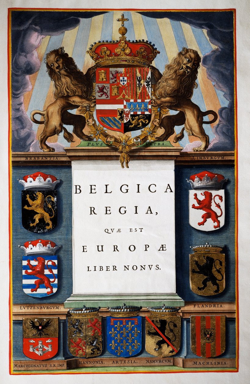 Belgica Regua quae est Europae, Book IX, Volume IVのタイトルページ、Joan Blaeu（1596-1673）のAtlas Maior（全11巻）より、銅版画、57.5x39 cm、アムステルダム 作： Joan Blaeu