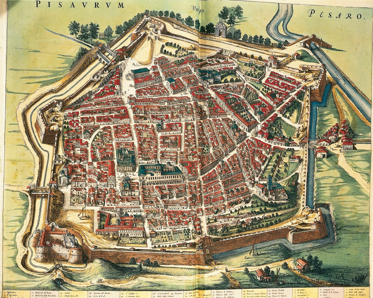 イタリア、ペーザロの地図、ジョアン・ブラウの『Theatrum civitatum et admirandorum Italiae』より、エングレーヴィング。 作： Joan Blaeu