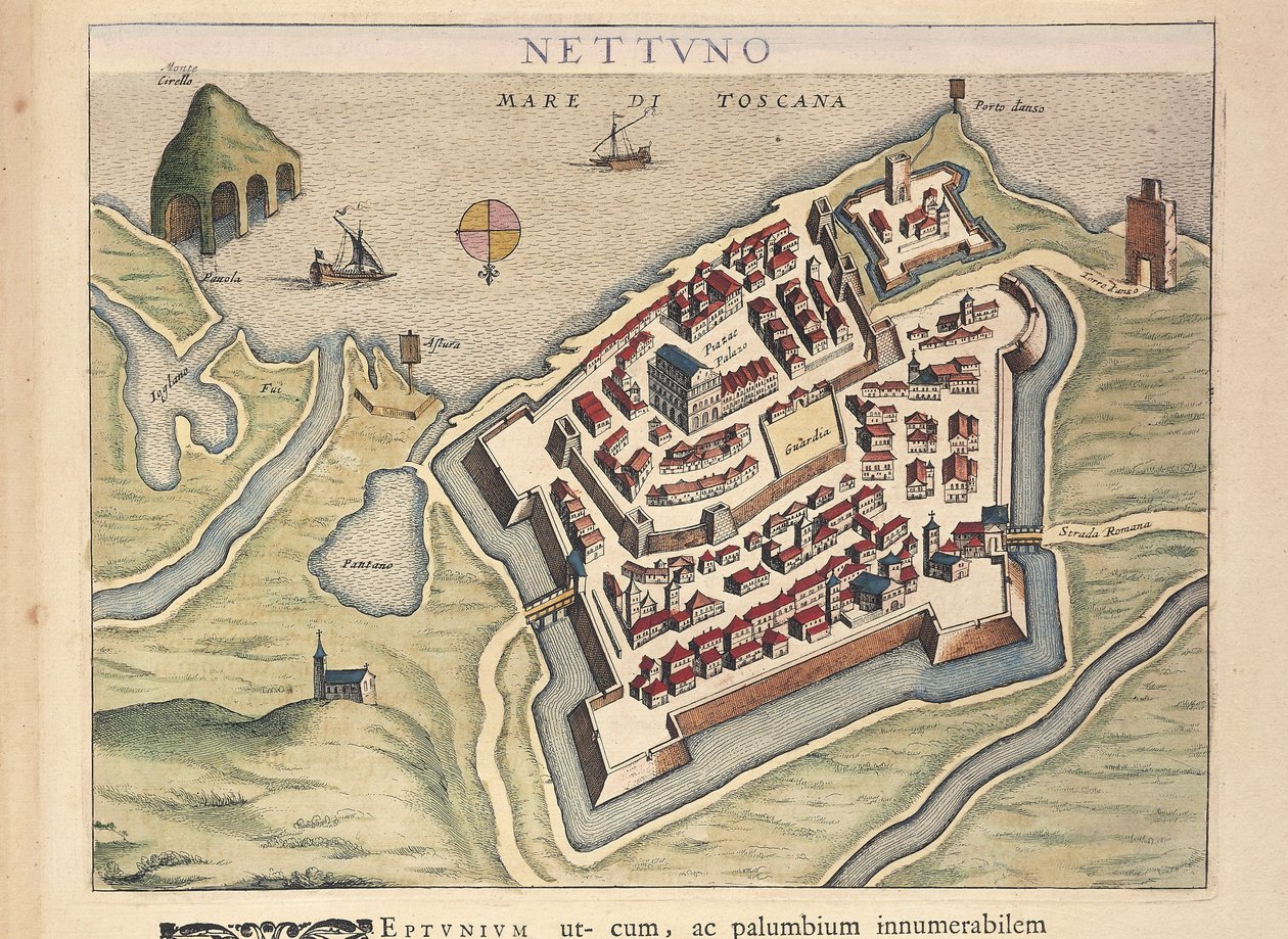Nettunoの地図、Joan Blaeu著「Theatrum civitatum et admirandorum Italiae」より、彫刻。 作： Joan Blaeu